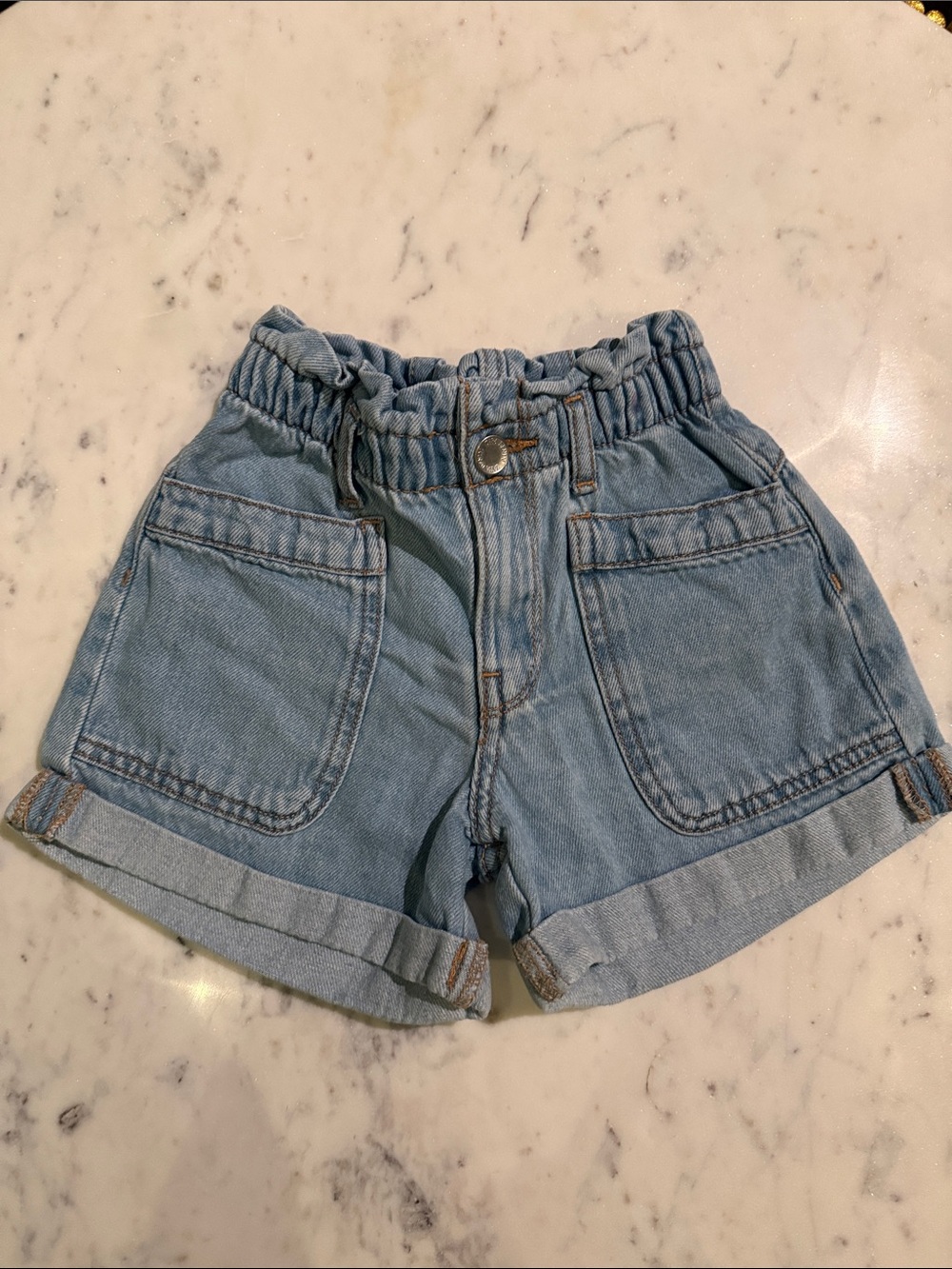 Zara Washed Blue Denim Elastic-Waist Shorts